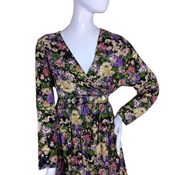 Vintage 90s Basics Floral Maxi Dress Large Long Sleeve Floral Print Purple Cream - Picture 6 of 10